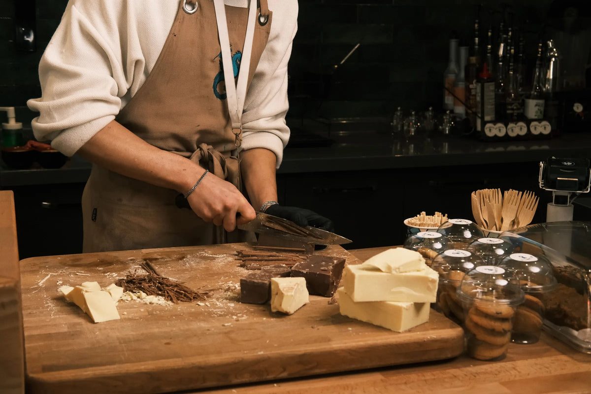 Chocolate being made on the counter at the Loco kitchen in Mysuru